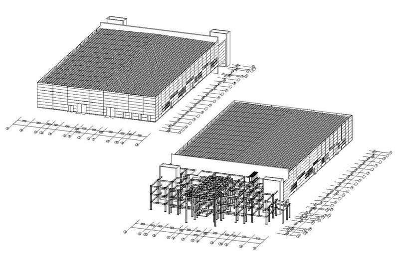 Производственное здание с АБК (Корпус 1) размерами 48,00х98,30х12,10 м